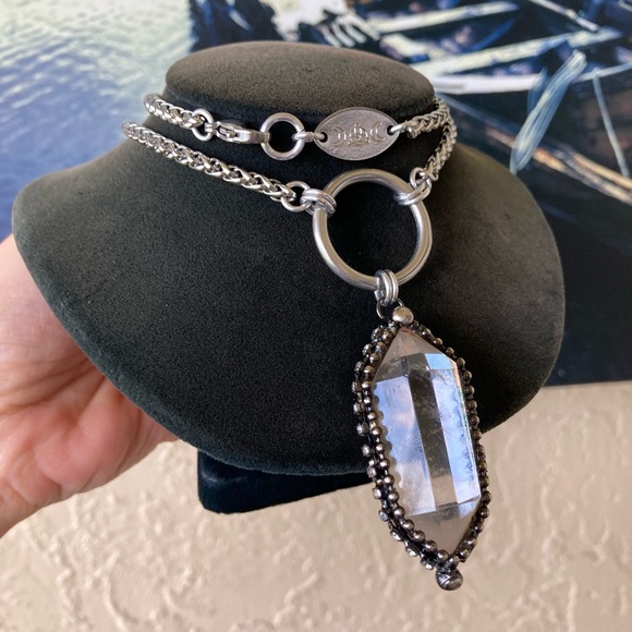 Natural Crystal quartz black electroplated boho goth stainless steel necklace - Picture 2 of 14